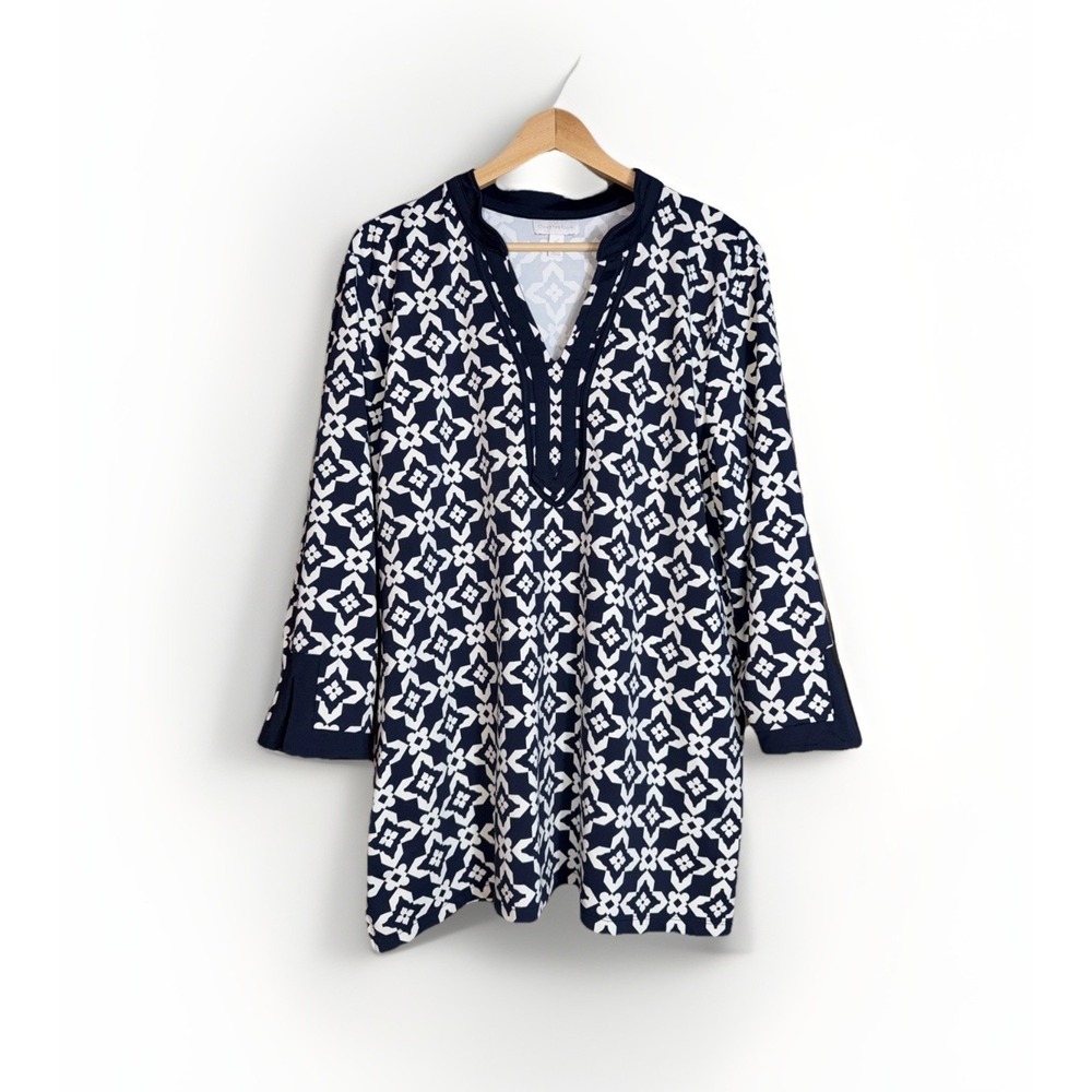 Charter Club Women's Geometric Tunic Top Size XL 3/4 Sleeve Navy & White Stretch - Picture 1 of 5